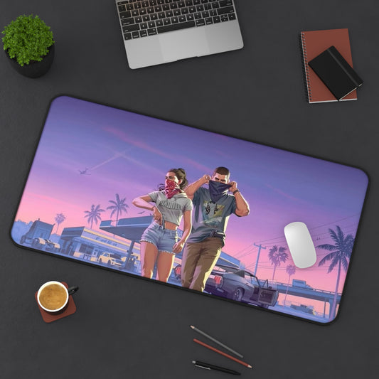 Retro Sunset GTA-Style Desk Mat — Neon Palm Beach Gaming Mouse Pad