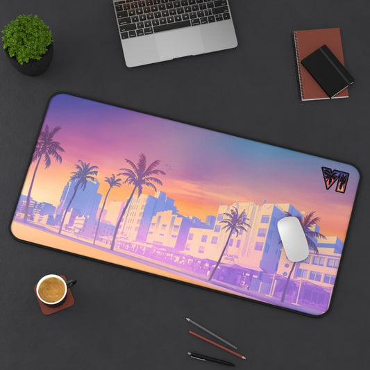 Retro Miami Beach Desk Mat – Sunset Palm Skyline Gaming/Work Mouse Pad