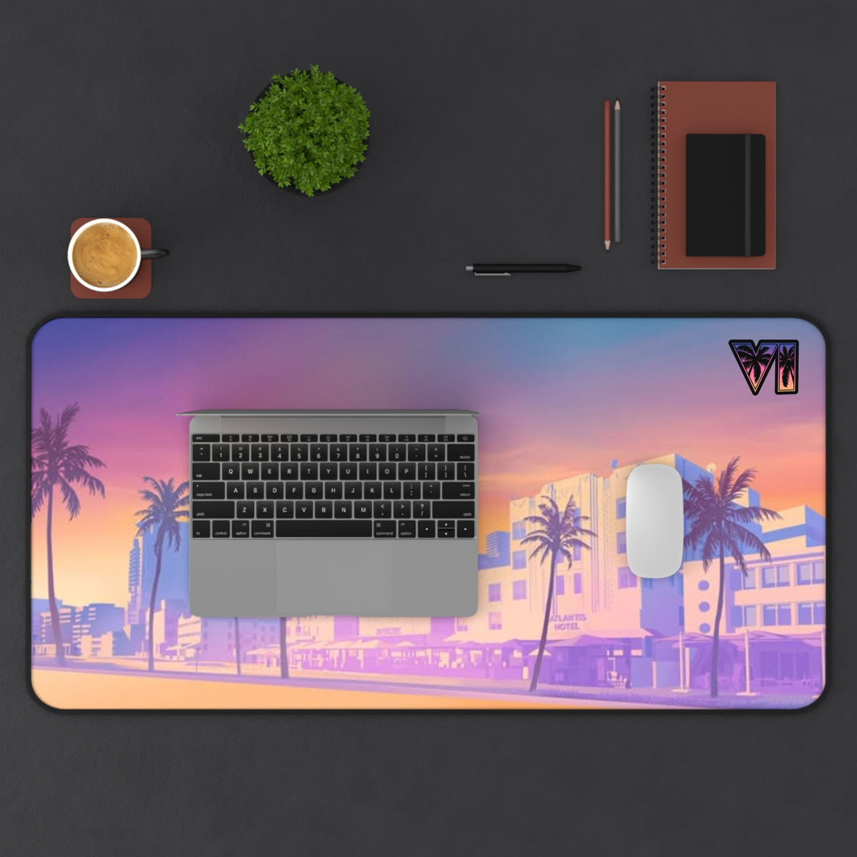 Retro Miami Beach Desk Mat – Sunset Palm Skyline Gaming/Work Mouse Pad