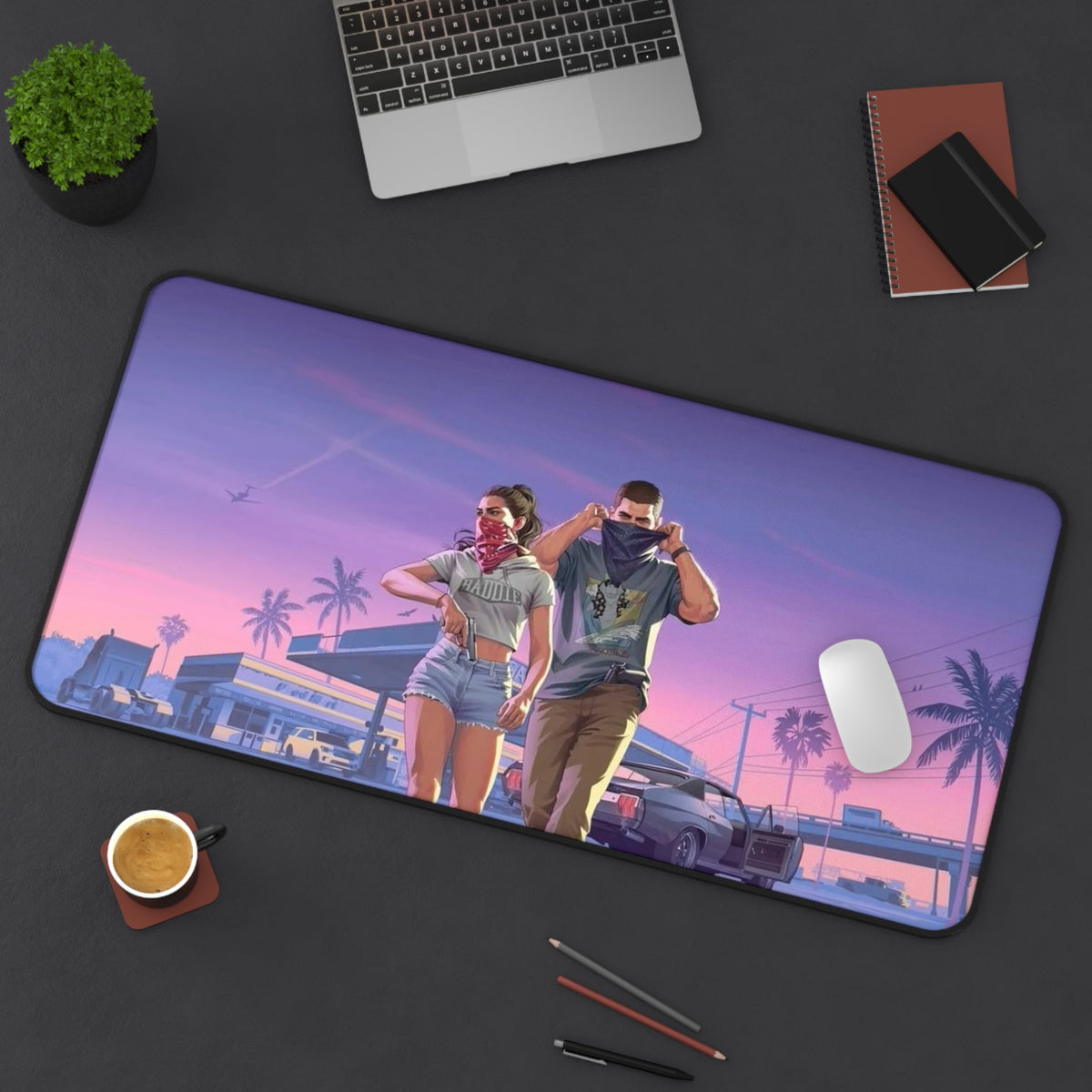 Retro Sunset GTA-Style Desk Mat — Neon Palm Beach Gaming Mouse Pad