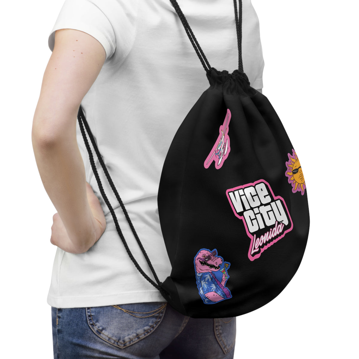 Vice City Sticker Drawstring Bag — Retro Miami Vaporwave Gym Sack