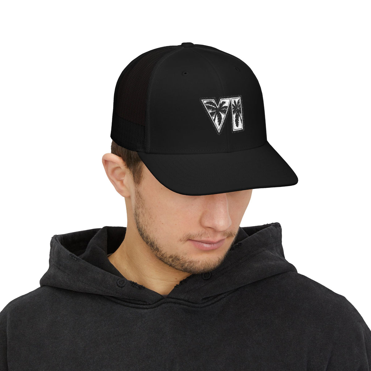 Palm Tree VI Trucker Cap — Embroidered Tropical Snapback Hat