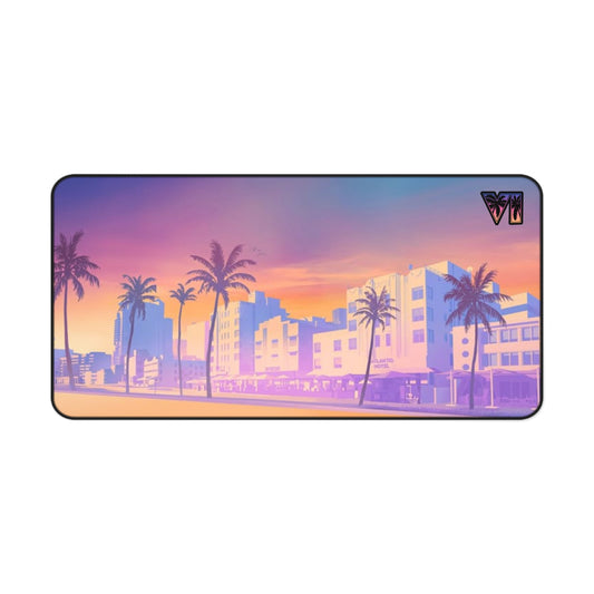 Retro Miami Beach Desk Mat – Sunset Palm Skyline Gaming/Work Mouse Pad