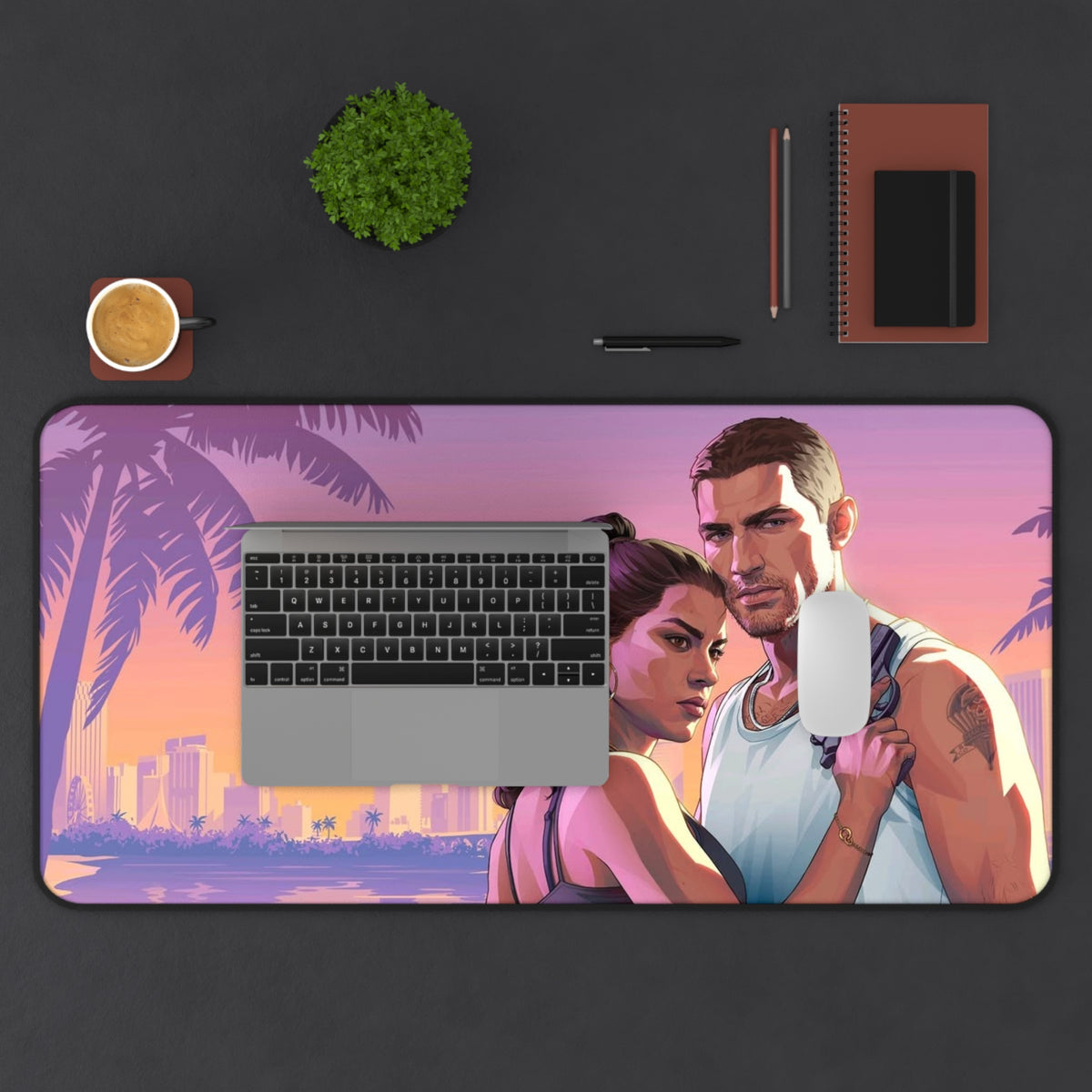 Retro Sunset Romance Desk Mat — Miami Vice Style Gaming/Work Mouse Pad