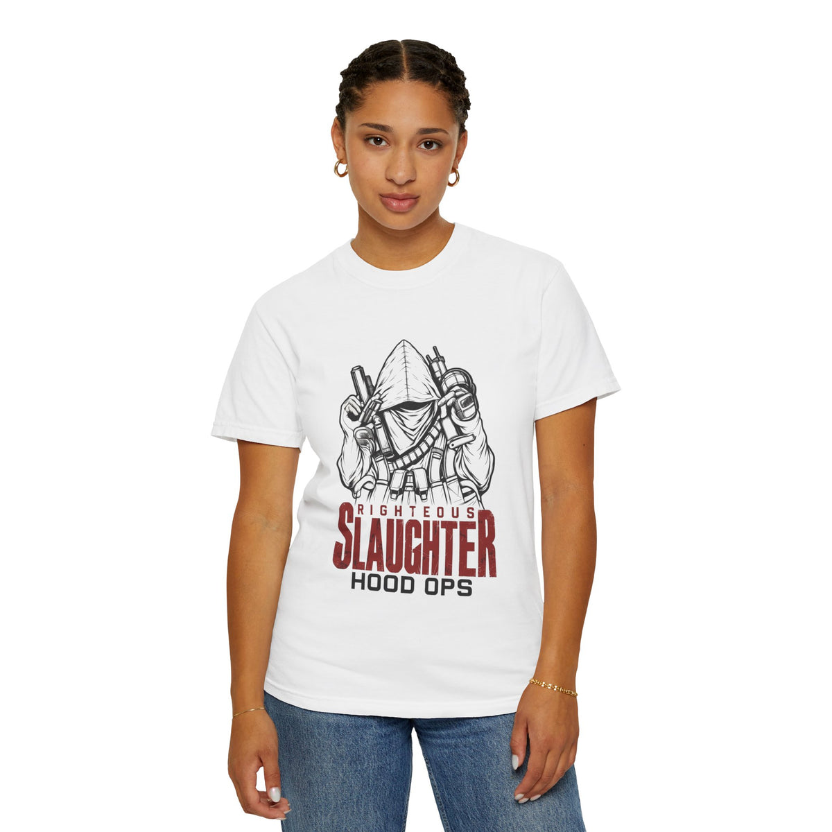 Righteous Slaughter Hood Ops T-Shirt — Graphic Hoodie-Style Streetwear Tee
