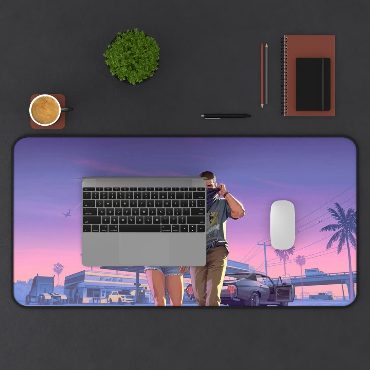 Retro Sunset GTA-Style Desk Mat — Neon Palm Beach Gaming Mouse Pad