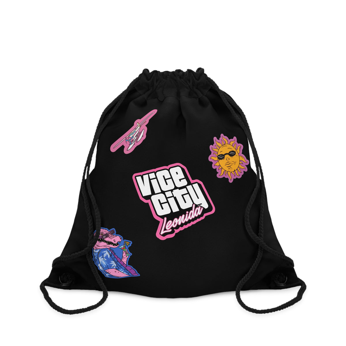 Vice City Sticker Drawstring Bag — Retro Miami Vaporwave Gym Sack