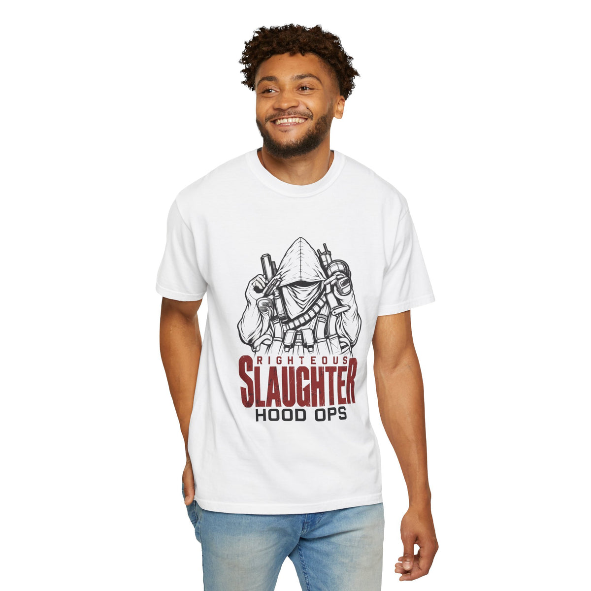 Righteous Slaughter Hood Ops T-Shirt — Graphic Hoodie-Style Streetwear Tee