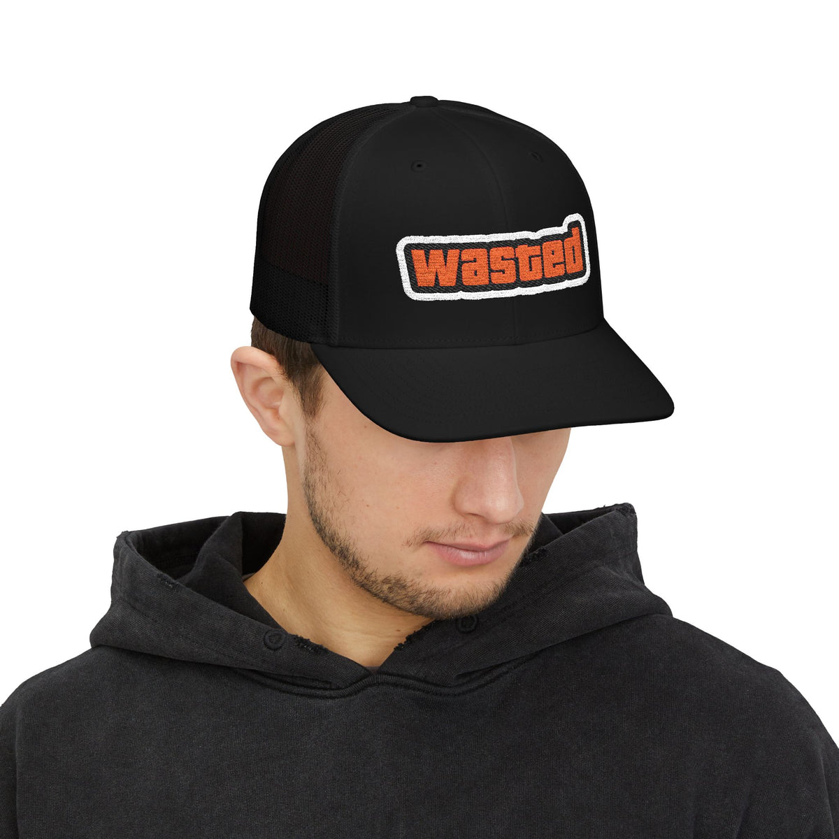 Wasted Patch Snapback Trucker Cap — Retro Orange Logo Hat